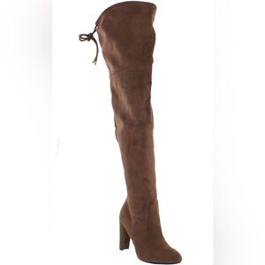 Forever Drawstring Block Heel Stretchy Snug Fit Thigh High Boots, Tan 8.…